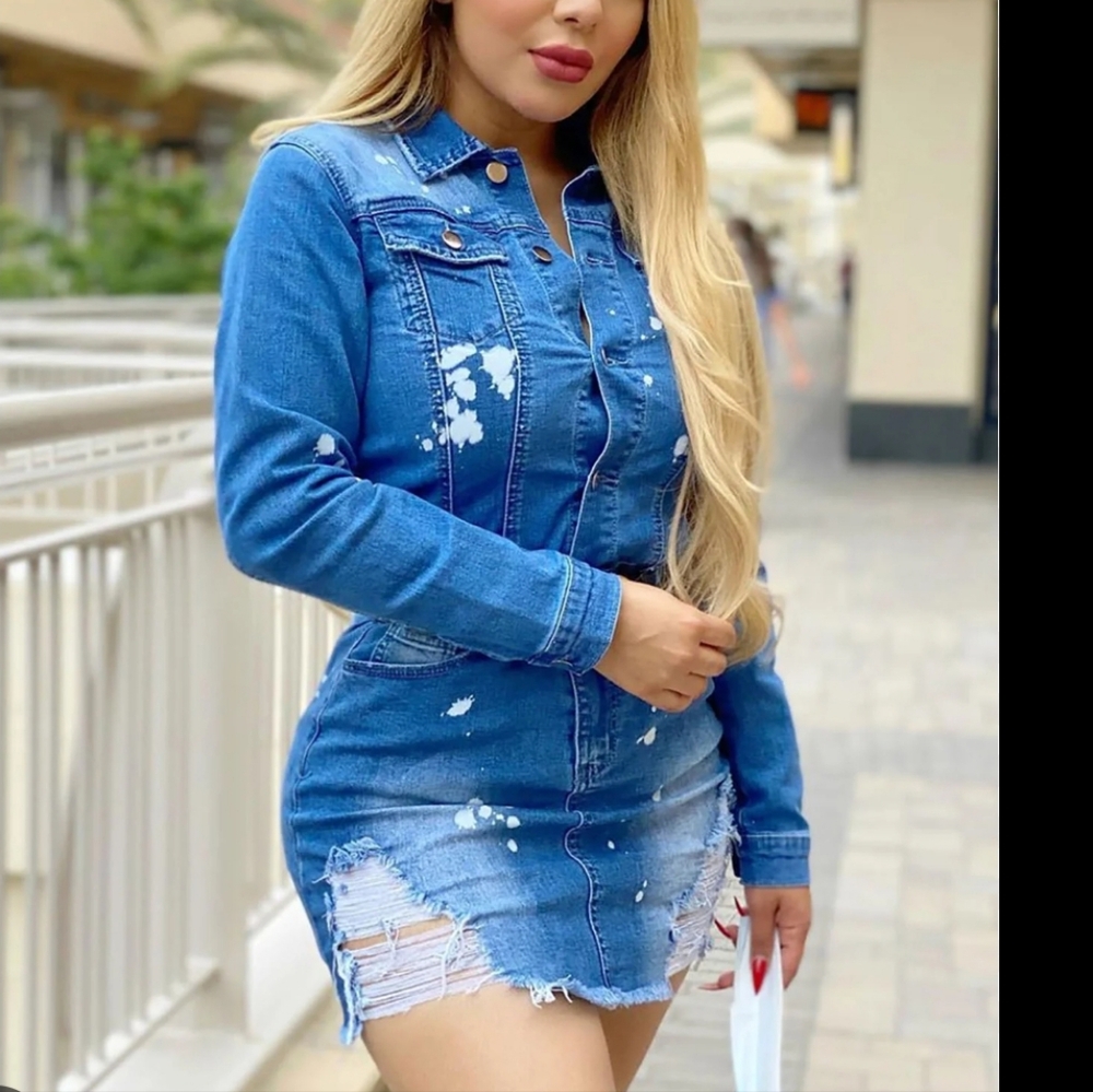 Long Sleeve Denim Dress - Blue